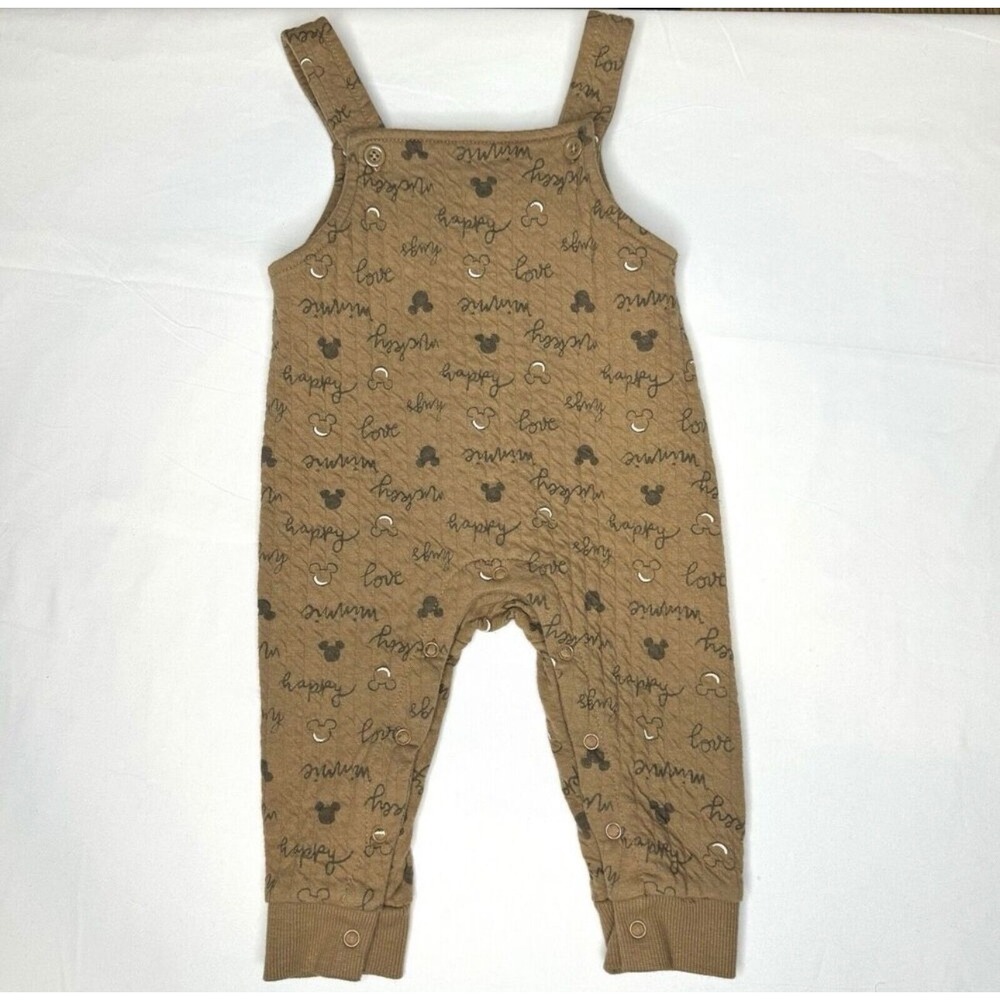 Disney Baby 6-9 Months Quilted Overalls Brown Mickey‎ Minnie Hugs Love Neutral